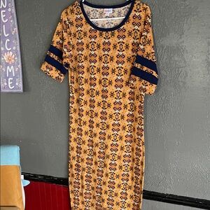 LuLaRoe Orange Floral Midi Dress with Navy Stripes